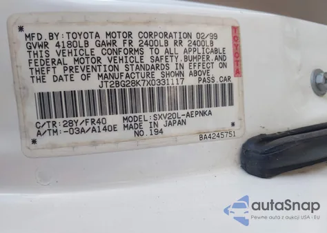 1999 Toyota Camry Le/Xle z USA, uszkodzony, nr VIN JT2BG28K7X0331117